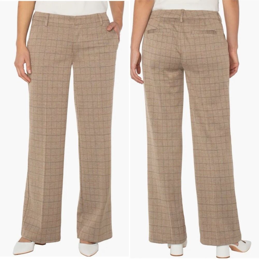 Liverpool Kelsey Windowpane Plaid Wide Leg Pants Tan 14